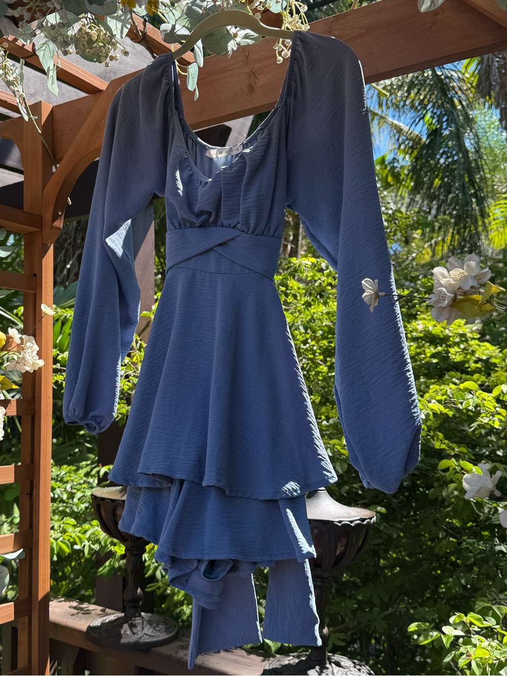 Altar'd State Dusty Blue Tiered Romper Long Bishop Sleeve Tie-Back Size S